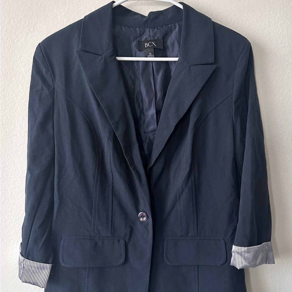 Navy Blue Blazer with Striped Sleeve Cuff